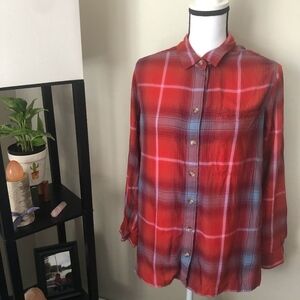 *EDDIE BAUER* Red Plaid Long Sleeve Button Down Size Large